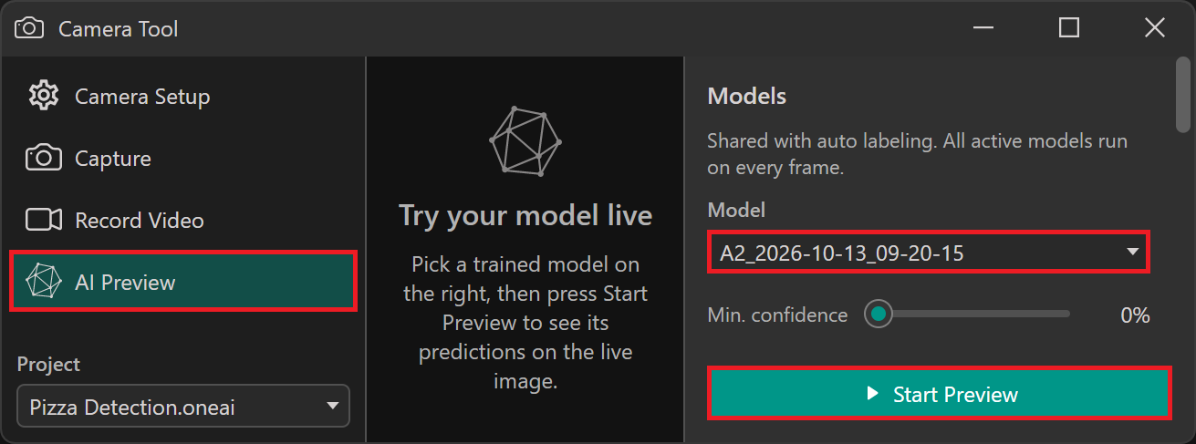 Starting AI preview in the Camera Tool